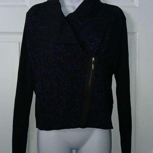 Catherine Malandrino zip up black and navy floral print moto runway jacket Sz S - Picture 1 of 7